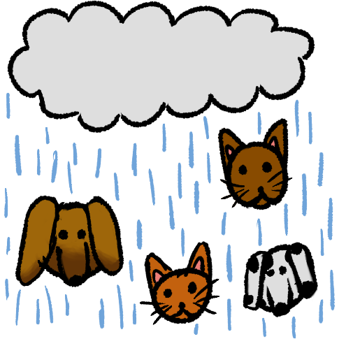 a cloud on the top with cats and dogs undeath surrounded by heavy rain